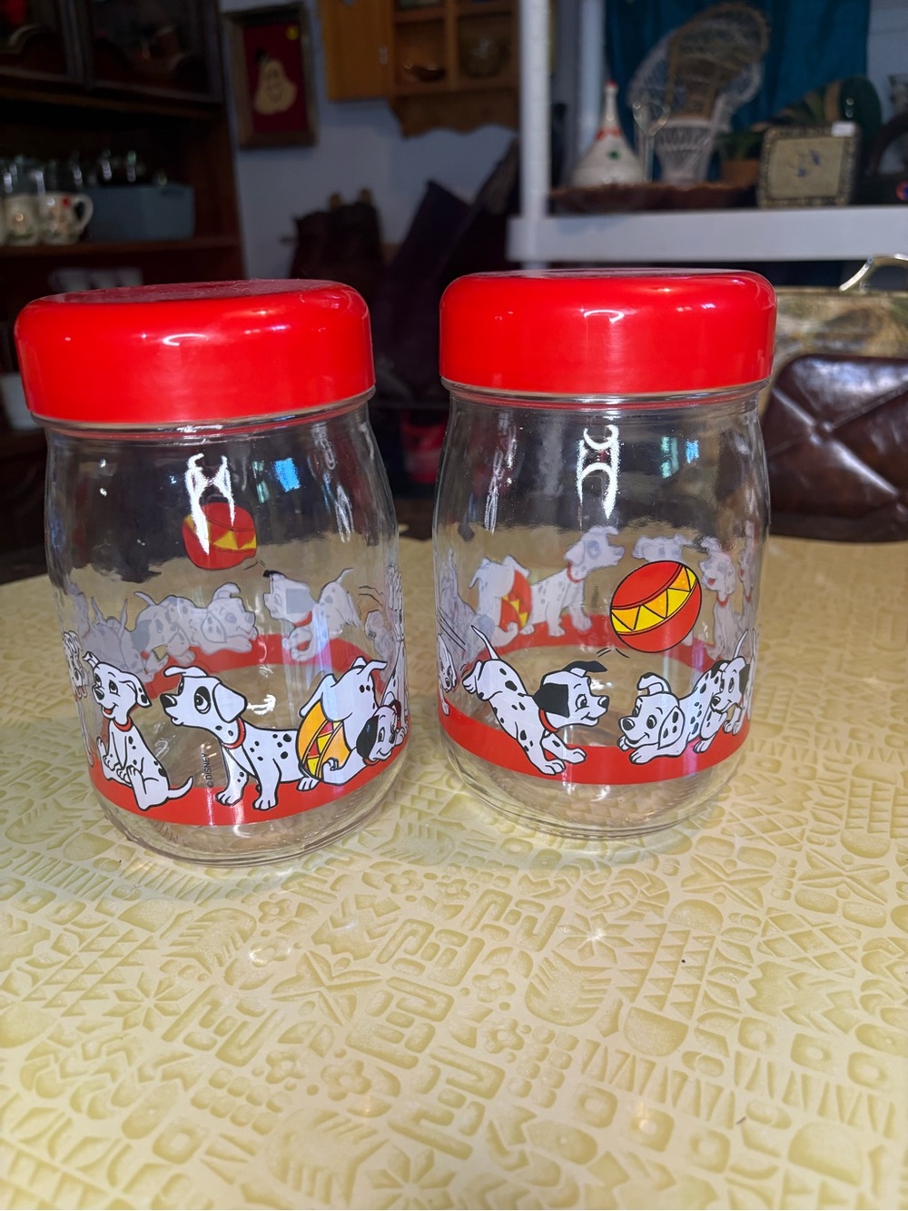 Vintage Dalmatian Glass Canister Set with Red Lids